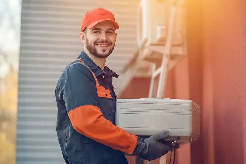 A happy HVAC professional holding a heat pump for installation
