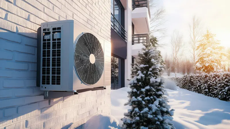 A heat pump in a modern home in winter time
