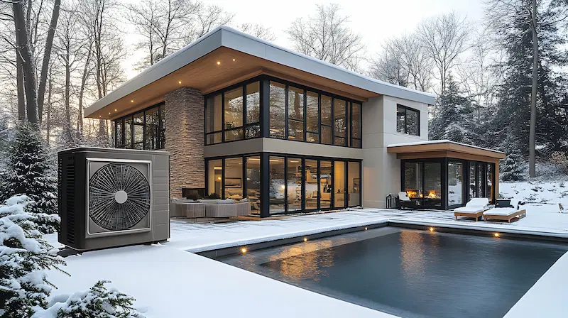 A large heat pump in the home exterior working in winter