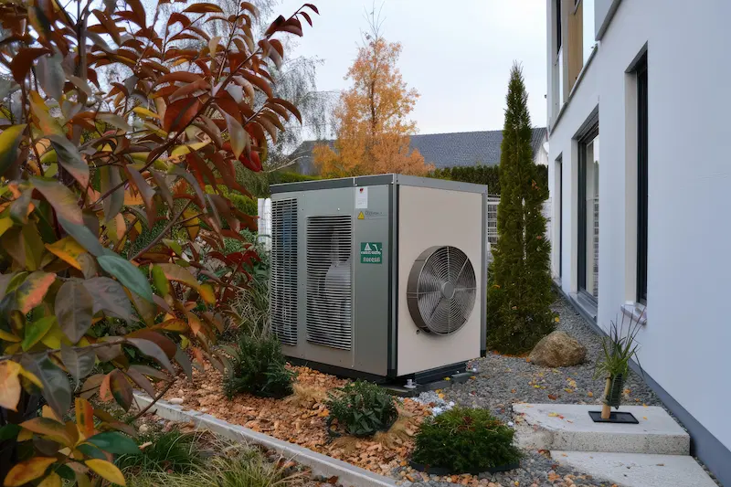 A source heat pump installed outside a modern city home