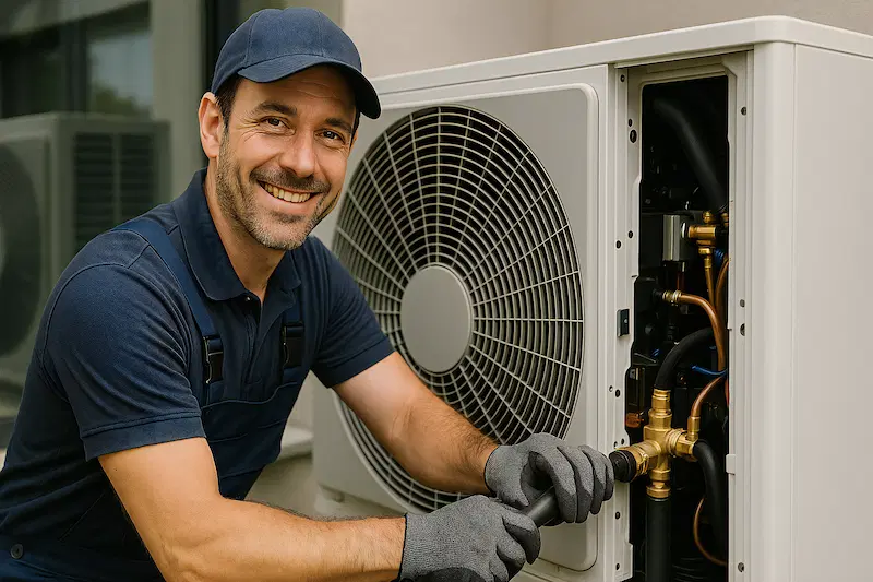 A worker servicing a heat pump in the home