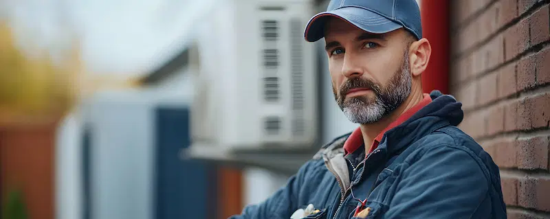 An HVAC contractor standing beside a home HVAC system