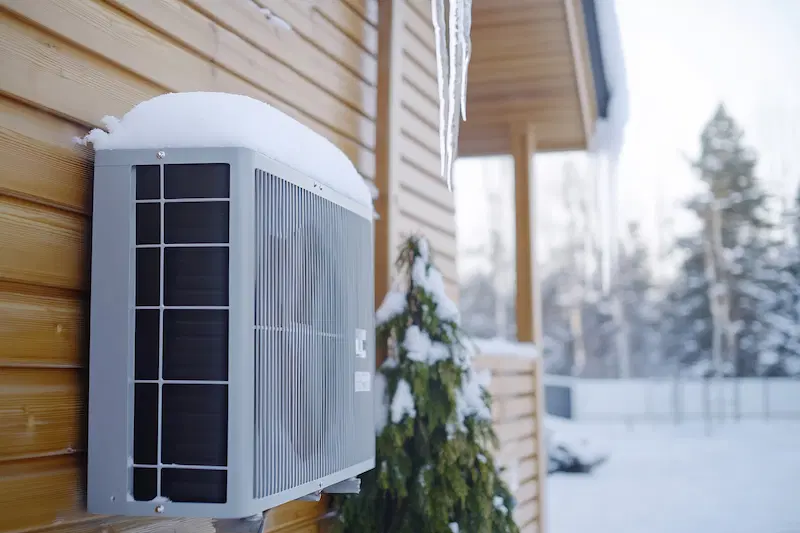 An exterior unit of a heat pump located outside a home