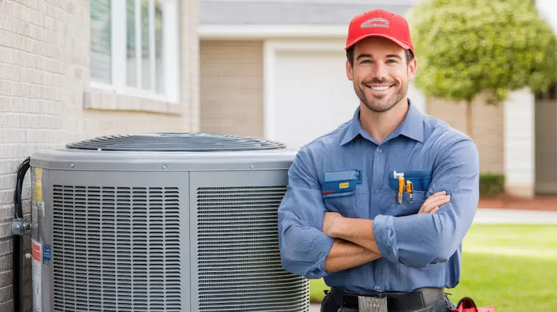 Smiling technician after a heat pump installation