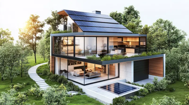 Modern home with heat pump and solar panel systems